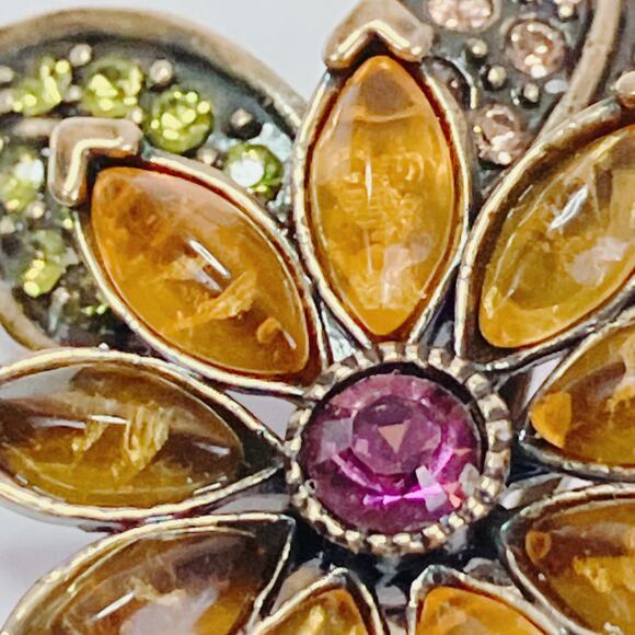 Signed Heidi Daus Pink Swarovski Crystal & Faux Amber Floral Clip On Earrings - Picture 6 of 12